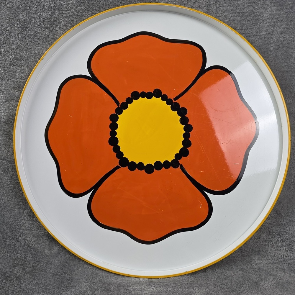 Vintage Enamel 14 Inch Serving Tray Orange Poppy Flower White Background Esprit